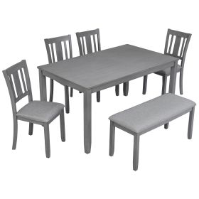 6 Piece Kitchen Dining Set, Rectangular Wooden Dining Table with 4 Upholstered Chairs and a Bench, Dining Table Set for 6 People, Living Room
